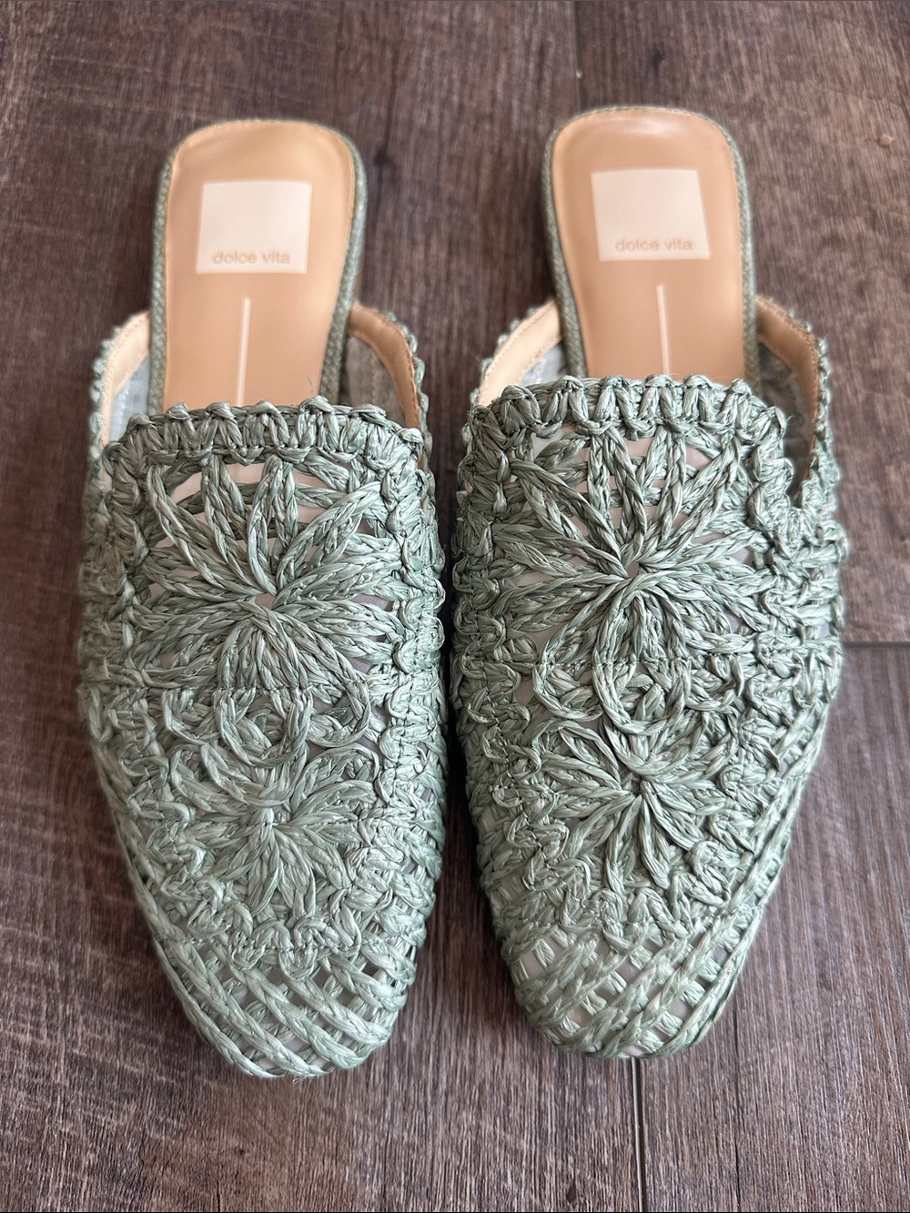 Dolce Vita Sage Green Crochet Pointed Mules